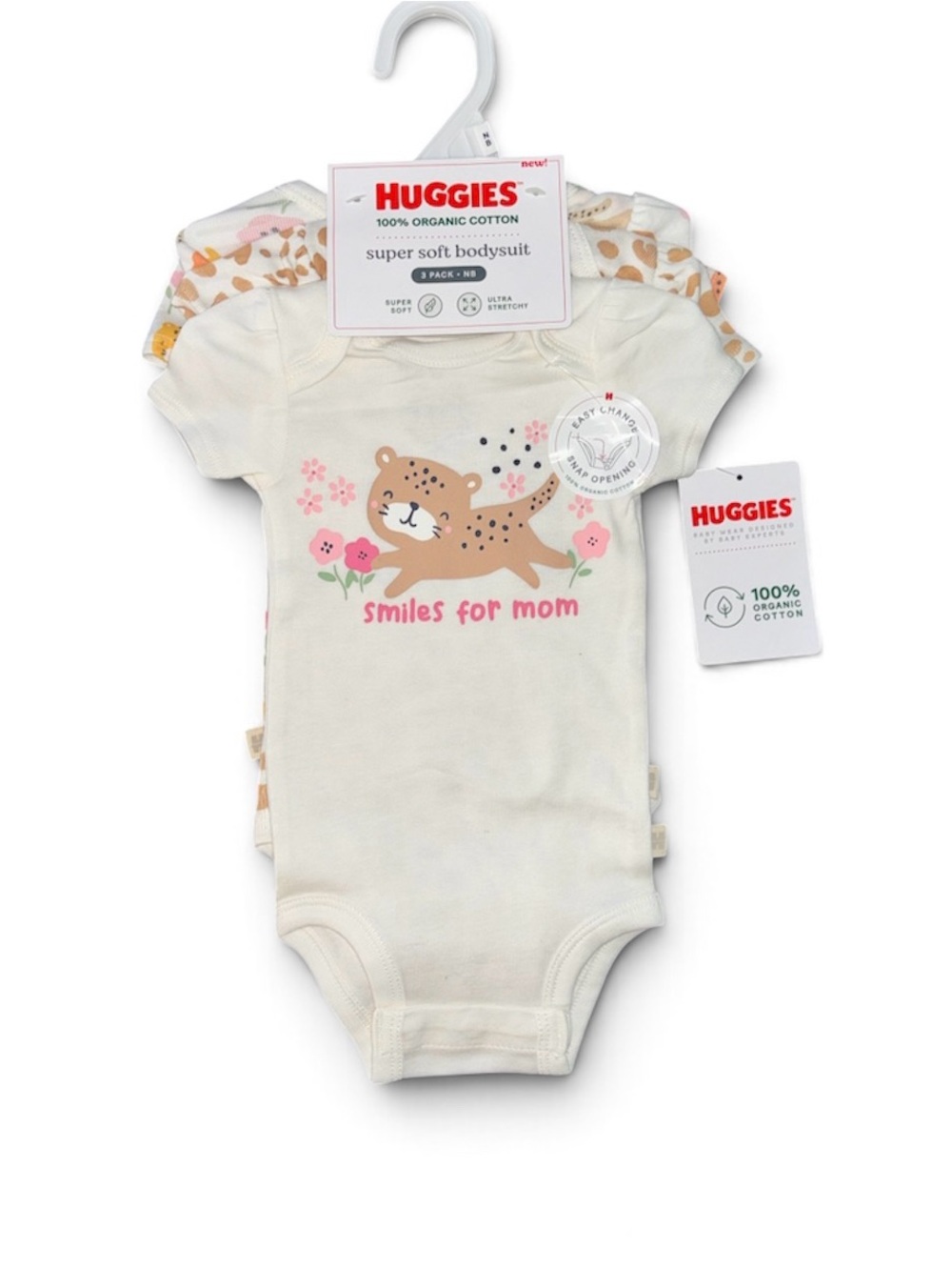 Huggies Cream Baby Bodysuit - Smiles for Mom Leopard Print 3 piece sz. NB